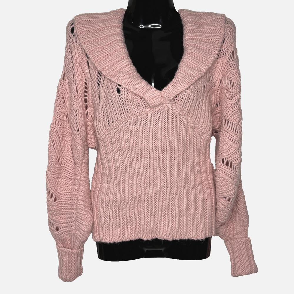 Arden B Sweater Women M Pink Chunky Alpaca Wool Blend Pointelle Shawl Collar Y2K